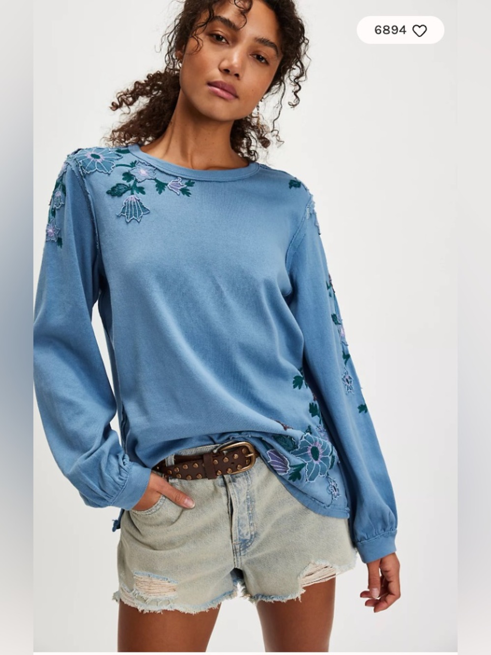 Free People Violet Vines Embroidered Long Sleeve Top – Storm Combo – Medium – NW